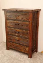 Load image into Gallery viewer, Gorgeous handcrafted solid wood modern rustic five drawer chest. Made in the U.S.A. from re-claimed barn wood. Very classy and comfortable. Will go great in any bedroom, and will offer plenty of storage with its spacious drawers.