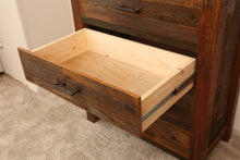 Load image into Gallery viewer, Gorgeous handcrafted solid wood modern rustic five drawer chest. Made in the U.S.A. from re-claimed barn wood. Very classy and comfortable. Will go great in any bedroom, and will offer plenty of storage with its spacious drawers.