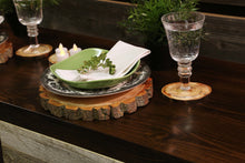 Load image into Gallery viewer, Gorgeous handcrafted solid wood modern live edge bark charger. Made in the U.S.A. these chargers are very classy and elegant. Sure to be a conversation piece in any home or cabin. Use these chargers to place plates on to complete your dining table. Not only do they look beautiful but they offer protection from water, food, heat and moisture that could potentially ruin the finish on a table or other piece of furniture.