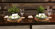 Load image into Gallery viewer, Gorgeous handcrafted solid wood modern live edge bark charger. Made in the U.S.A. these chargers are very classy and elegant. Sure to be a conversation piece in any home or cabin. Use these chargers to place plates on to complete your dining table. Not only do they look beautiful but they offer protection from water, food, heat and moisture that could potentially ruin the finish on a table or other piece of furniture.