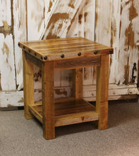 Load image into Gallery viewer, barnwood end table rustic with nailheads hidden compartment concealment concealed drawer