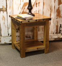 Load image into Gallery viewer, barnwood end table rustic with nailheads hidden compartment concealment concealed drawer