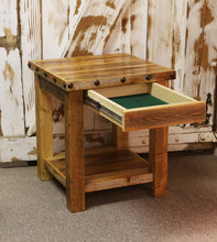 Load image into Gallery viewer, barnwood end table rustic with nailheads hidden compartment concealment concealed drawer