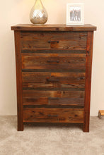 Load image into Gallery viewer, Gorgeous handcrafted solid wood modern rustic five drawer chest. Made in the U.S.A. from re-claimed barn wood. Very classy and comfortable. Will go great in any bedroom, and will offer plenty of storage with its spacious drawers.