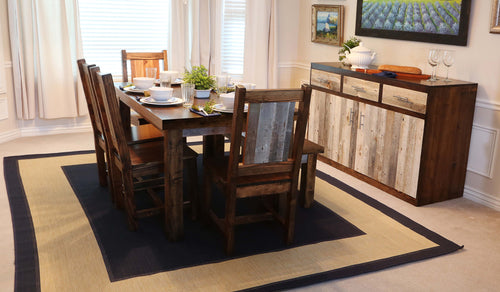 Gorgeous handcrafted dark solid wood modern rustic dining table and chairs. Made in the U.S.A. from re-claimed barn wood. Very classy and comfortable.