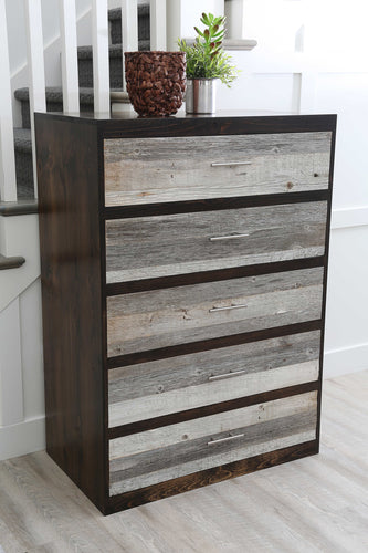 Gorgeous handcrafted dark solid wood modern rustic five drawer chest. Made in the U.S.A. from re-claimed barn wood. Very classy and comfortable with lots of storage.