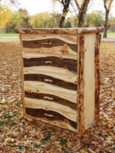Load image into Gallery viewer, Gorgeous handcrafted solid wood modern Aspen alpine five drawer chest. Made in the U.S.A. from aspen or quakie logs. Very classy and comfortable. Will go great in any bedroom or cabin setting. Offers plenty of storage with its big spacious drawers. The quality is unbeatable.