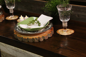 Gorgeous handcrafted solid wood modern live edge bark charger. Made in the U.S.A. these chargers are very classy and elegant. Sure to be a conversation piece in any home or cabin. Use these chargers to place plates on to complete your dining table. Not only do they look beautiful but they offer protection from water, food, heat and moisture that could potentially ruin the finish on a table or other piece of furniture. 