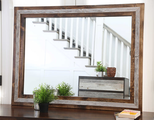 Gorgeous handcrafted dark solid wood modern rustic Mirror. Made in the U.S.A. from re-claimed barn wood. Very classy and comfortable. Will look great in a bedroom, living room, dining room or bathroom.