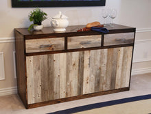 Load image into Gallery viewer, Gorgeous handcrafted dark solid wood modern rustic Buffet unit, this one of a kind piece will look great in a dining room, living room or as a t.v. stand. Made in the U.S.A. from re-claimed barn wood. Very classy and comfortable.