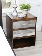 Load image into Gallery viewer, Gorgeous handcrafted dark solid wood modern rustic bedside nightstand. Made in the U.S.A. from re-claimed barn wood. Very classy and comfortable with lots of storage. Will add elegance to any bed and or bedroom.