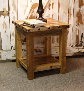 barnwood end table rustic with nailheads hidden compartment concealment concealed drawer