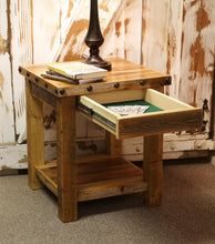 Load image into Gallery viewer, barnwood end table rustic with nailheads hidden compartment concealment concealed drawer
