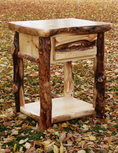 Load image into Gallery viewer, Gorgeous handcrafted solid wood modern Aspen alpine alpine nightstand. Made in the U.S.A. from aspen or quakie logs. Very classy and comfortable. Will go great next to any bed in any bedroom or cabin setting. Offers plenty of storage with its big spacious drawer and rack. The quality is unbeatable.