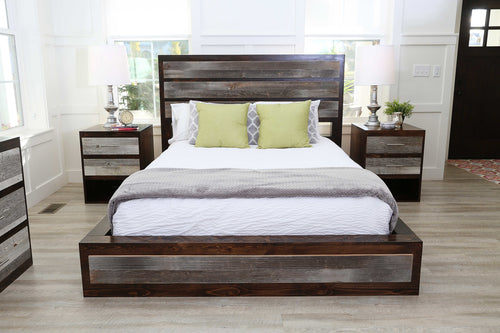 Gorgeous handcrafted dark solid wood modern rustic bed. Made in the U.S.A. from re-claimed barn wood. Very classy and comfortable. Will add elegance to any bedroom.