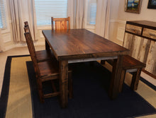 Load image into Gallery viewer, Gorgeous handcrafted dark solid wood modern rustic dining table and chairs. Made in the U.S.A. from re-claimed barn wood. Very classy and comfortable.